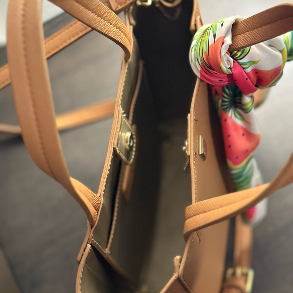 Tan Leather Crossbody with Decorative Scarf - Picture 4 of 7